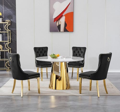 Image of 5-Piece Round Dining Table Set for 4, Modern Faux Marble Kitchen Table and Black Velvet Chairs Set of 4, Luxury 45 inch Circle White Gold Dining Room Tables with Stainless Steel Base