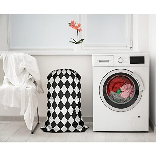 Swono Large Laundry Collapsible Laundry Bag Zigzag Chevron Pattern Black White Grid Geometric Square Pattern Foldable Laundry Hamper Bag, Oxford Cloth #TOP2