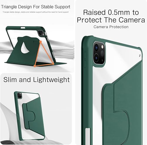 Image of TGK Rotating Case for iPad Pro 12.9 inch (2022 /2021 /2020 /2018, 6th /5th /4th /3rd Gen) with Pencil Holder 360 Degree Rotation Protective Trifold Stand Cover Clear Back (Forest Green)