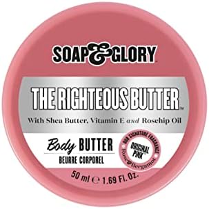 Soap & Glory The Righteous Moisturizing Body Butter - Hydrating Vegan Body Moisturizer for Dry Skin with Shea Butter, Vitamin E & Rosehip Seed Oil - Rich Cream for Women & Men (50ml)