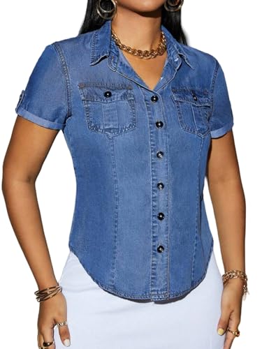 Denim Shirt Women Short Sleeve Button Down Flap Pocket Casual Business Jean Shirts