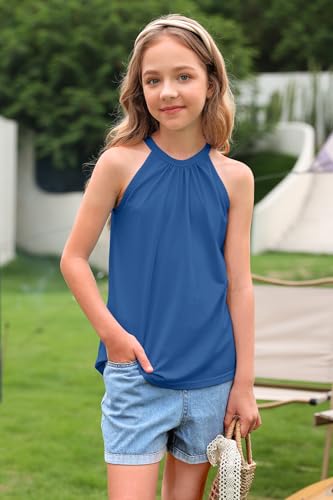 Image of BesserBay Girls Summer Back Button Halter Neck Tank Top Cold Shoulder Casual Blouse Pleated Sleeveless Shirts 5-14 Years