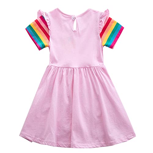 Unionkk Kids Girls Summer Casual Unicorn Dresses Cotton Short Sleeve Crew Neck Dress 2-7 Years (Short Sleeve-Pink, 5T) #TOP1