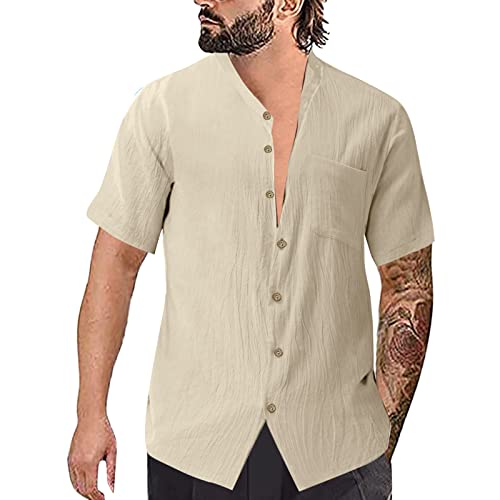 Camisa Informal a la para Hombre, Camisa de Manga Corta de algodón y Lino con un Solo Pecho con Bolsillo de Color sólido Camisa Hombre (Beige, XXL)