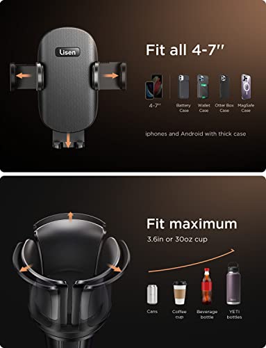 Lisen Cup Holder Expander Phone Mount For Car Tough 2-In-1 Cup Phone Holder For Car Mount, Adjustable Base & Clamp Cell Phone Holder For Car Fit Car, Truck, Suv, Tesla, Fit All Iphone & Android #TOP2