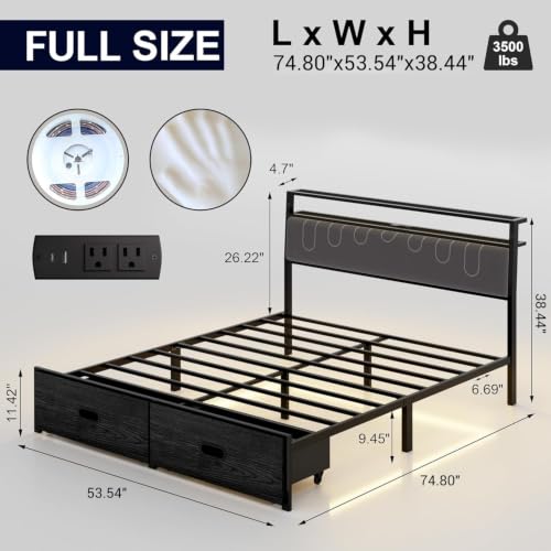 Image of Full Bed Frame with 2 Drawers, Platform Bed Frame with LED Lights and Charging Station, Upholstered Headboard, Heavy Duty Metal Slats, No Box Spring Needed, Noise Free, Easy Assembly