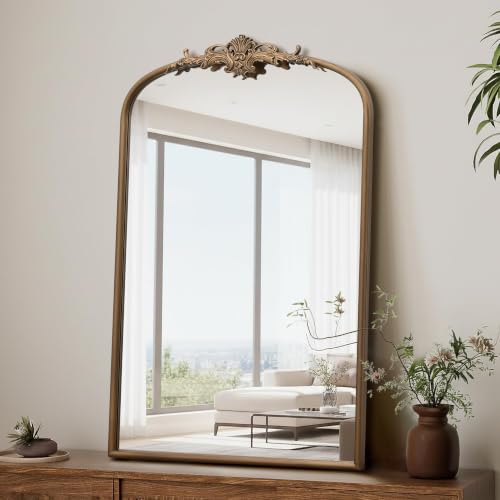 Besdomus Antique Arch Wall Mirror: 24"x36" French Brass Gold Vanity Mirrors