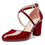 Aachcol Women Chunky Block Mid High Heel Pumps Ankle Strap Close Round Toe Dress Shoes Sandals Office Party Wedding Patent 3 Inch, Burgundy Red, 10