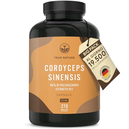 Cordyceps Sinensis - 19500 mg - 270 Capsule (Estratto CS-4 10:1) Alto dosaggio - con 40% di Polisaccaridi Bioattivi - Analizzato in Italia e confezionato in Germania da TRUE NATURE