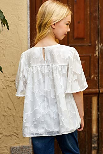 Blibean Girls Summer Boho Blouse Tween Kids Cute Flutter Short Sleeve Tops Solid Flowy Floral Shirt Fashion Clothing Ruffle Clothes Blusa Niña Size 12-13 Years Xx-Large White #TOP2