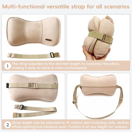 Carwales Car Neck Cushion Recliner Headrest Pillow for Office Chair Couch Memory Foam Lower Back Support Lumbar Pain Relief Ergonomic Design Extension Adjustable Strap Fits Driving Car Tan 1 Pack — view 3