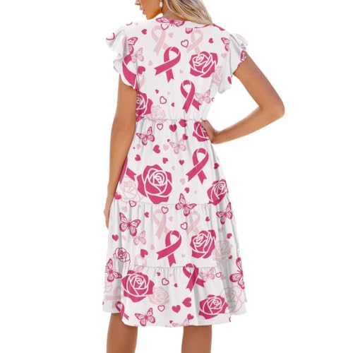Image of Women's Casual Ruffle Sleeve Dress V Neck Pullover Dress Flowy A-Line Pleated Lightweight Dress with Pockets