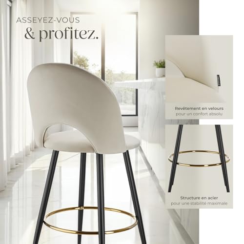 Chaise de bar en velours rembourré avec dossier et repose pieds Lot de 4 - vue 6