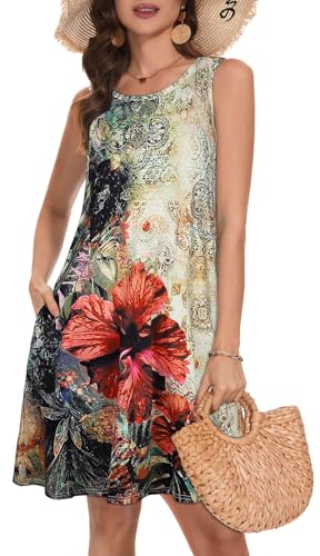Gosunny Sommerkleid Damen Knielang Rundhalsausschnitt Freizeit Elegant Minikeid ohne Ärmel Strandtunika（Beige Red Flower，XL）