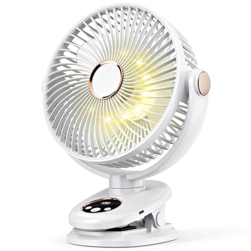 Image of iNeibo 6000mAh Portable Clip on Fan, 6 Inch Rechargeable Battery Fan with 180° Auto Oscillation & Timer, Quiet USB Desk Fan, 5 Speeds & Light, Cooling Fan for Home Office Outdoor Stroller (8''-White)