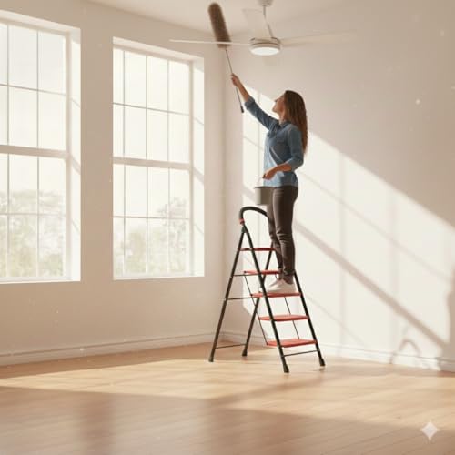 Image of BRANCO Steps Super Milano Heavy Duty Ladder for Home Premium Alloy Steel Folding Step Ladder for Home, Wide Anti-Skid Steps (Black & RED) (5 Steps)
