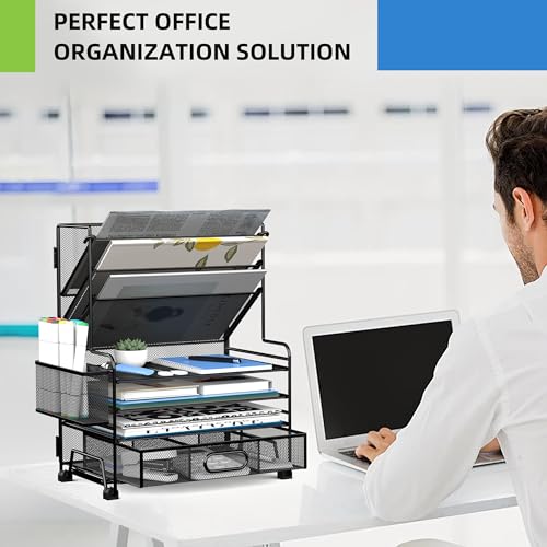 4-Tier Paper Organizer + 3-Pocket File Holder + Drawer + Pen Holders, Desktop File Organizers Paper Tray for Office Accessories School Classroom Organization (Black) - Image 6
