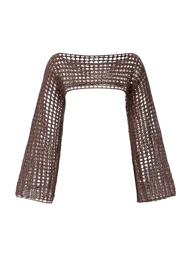 Verdusa Women's Hollow Out Sheer Shrug Sweaters Crochet Boat Neck Bell Sleeve Knit Pullovers Tops