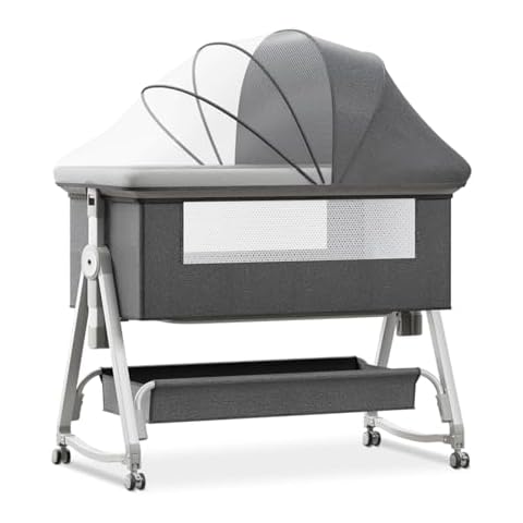 TZnponr Baby Bassinet, Foldable 3-in-1 Bedside Bassinet, 6 Height Adjustments, Portable Crib with Breathable Mesh, Storage Basket, Mosquito Net and Wheels- Safety CPC Certified Cover