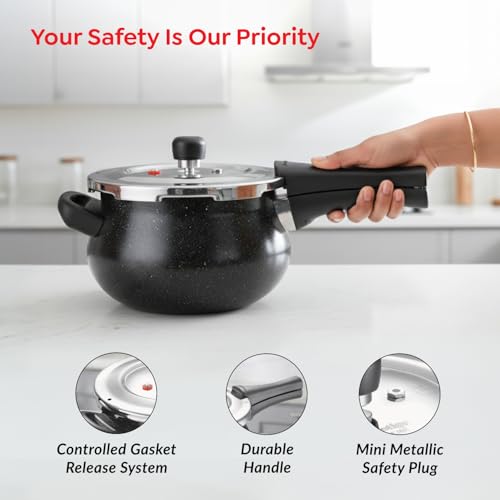 Image of Prestige 3 Litre Stainless Steel Deluxe Alpha Granite Svachh Outer Lid Pressure Cooker | Handi | Deep Lid for Spillage Control | Gas & Induction Compatible | 10Y Warranty | ISI Certified