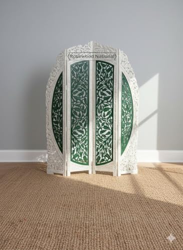 Image of Wooden Room Divider 6 Feet, 4-Panel Folding Wooden Partition for Living Room, Office, Pooja Room, Restaurant, Kitchen & Balcony (2W x 1.82H Meters). (White-Green)