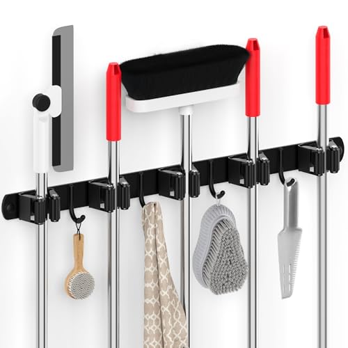 5 Grippers Broom Holder Wall Mount with 4 Hooks Stainless Steel, Black | Self Adhesive or Screw Mop and Broom Organizer, Heavy Duty Storage Rack for Garage Kitchen Laundry Room Closet Garden