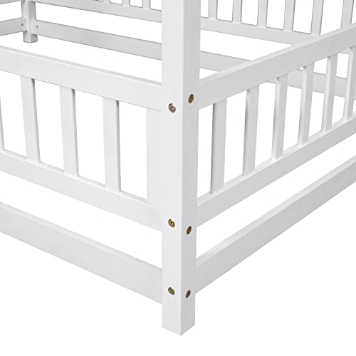 Bellemave Full Size House Floor Bed,Wooden Montessori Bed with Fence and Roof for Kids,Playhouse Full Bed Frame for Girls,Boys(Full,White) by Bellemave - Image 6