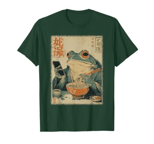Funny Grumpy Frog Eat Ramen and Scroll Phone Japanese Art T-Shirt