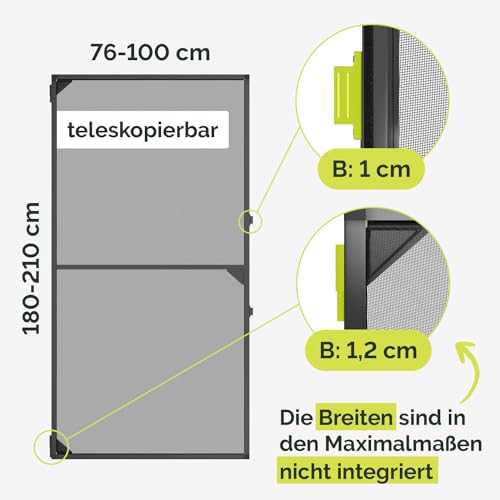 Nematek Insektenschutz Tür Teleskoprahmen - schmale Fliegengitter Tür mit Rahmen für Balkon & Terrasse - 100 x 210 cm teleskopierbare Fliegengitter Tür in anthrazit - Montage erfolgt ohne Zusägen