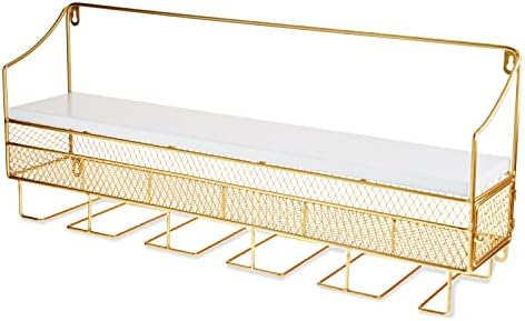 Twine Gold Wall Mounted Wine Rack, Holds 8 Standard Wine Bottles, Wood and Cast Iron, Cork Storage, Holds 5 Wine Glasses, Gold Finish