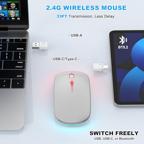 Azmall Bluetooth Wireless Mouse, Slim LED Rechargeable Silent Mouse with 2.4GHz USB-A/USB-C Receiver & Type-C Adapter, Compatible with Laptop, MacBook, iPad, iPad Pro,Mac,Tablet – Grey by Azmall - Image 3