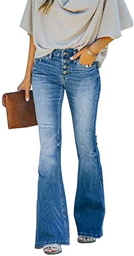 90s Vintage Button Fly High Waist Flare Leg Jeans,Women's Classic Skinny Stretch Blue Denim Pants,Fashion All-Match.