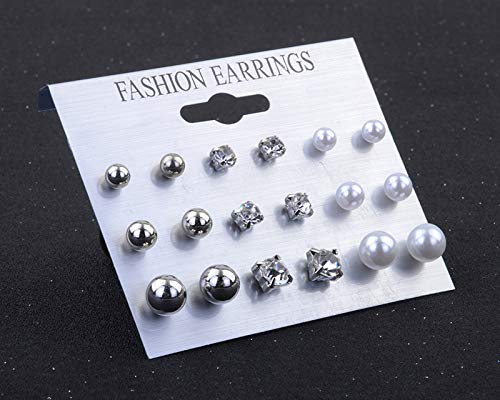 Image of CZ Stud Pearl Earrings for Women Girls Hypoallergenic Earring Set Ear Studs Jewelry for Birthday Christmas Party Gifts Silver 9 Pairs