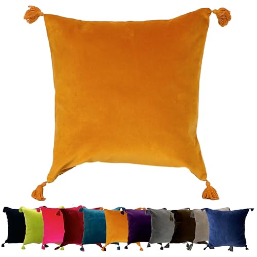 Image of Ragged Rose Velvet Cushion Covers - Sasha Square Tassel Cushion Covers 45cm x 45 cm - Soft, Elegant, Luxury Cotton Velvet Fabric Pillow Cases for Lounge Area & Bedroom, Mustard