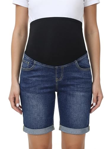 Gowjog Jeans Shorts Umstandsmode Umstandsshorts Jeans über dem Bauch Umgeschlagenem Saum Sommer Umstandshose Kurz Umstandsjeansshorts (Dunkelblau,L)