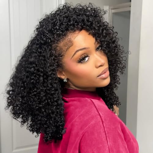 NOSTALGIA 16 Inch Kinky Curly Half Wig, 3-in-1 Drawstring, 1B Black