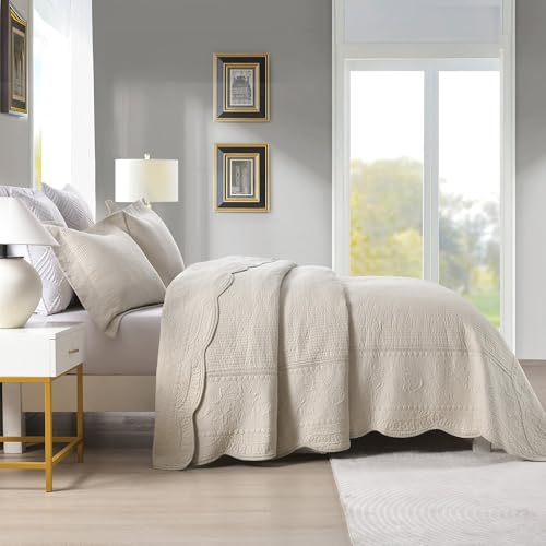 MarCielo 3-Piece 100% Cotton Oversized Bedspread Lightweight Quilt Coverlet Embroidery Farmhouse Bedding Set (TG Yellowish Beige, Oversized Queen (100"x106"))