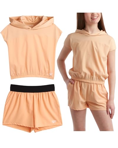 Reebok Girls' Shorts Set - 2 Piece Mesh Short Sleeve Hooded T-Shirt and Athletic Shorts - Summer Activewear for Girls (7-12)