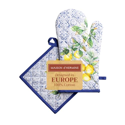 Maison d'Hermine - Ensemble manique et Gant de Cuisine 100% Coton (19 x 33 cm et 20 x 20 cm) - Gants résistants à la Chaleur pour Manipuler Les Plats Chauds Cadeau Saint Décorations de Pâques