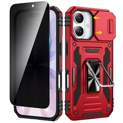 VEGO for iPhone 17 Case, with Slide Camera Cover & Privacy Tempered Glass Screen Protector & Ring Kickstand Military Grade Heavy Duty Protection Cover for iPhone 17 5G 6.3 Inch - Red