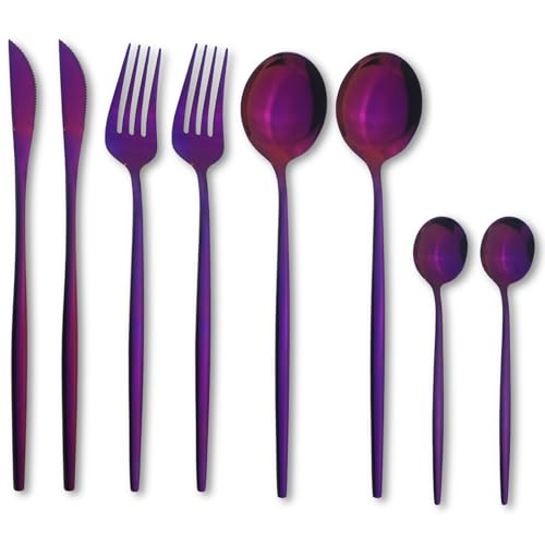 Image of aDai Raspberry Purple Silverware Set | Satin Finish 8-Piece Stainless Steel Flatware Set | Dishwasher Safe Cutlery for Home, Restaurant & Gifting