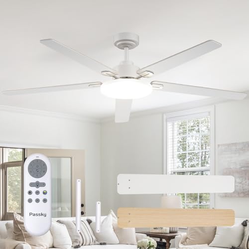Image of Passky Ceiling Fans with Lights, 60 inch Sleek Ceiling Fan with Light and Remote Control, 3CCT, Dimmable, Reversible, Noiseless, White Ceiling Fan for Bedroom, Living Room