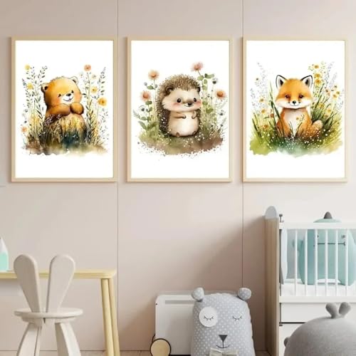 Art mural TONGYINLI triptyque animalier sur toile de lin fine pour chambre d'enfant