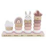 Personalizzabili Anelli impilabili in legno–coniglietto rosa– favoriscono la motricità fine – dai 18 mesi – personalizzati con nome e dati di nascita – Label Label