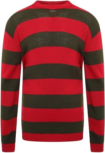 Image of Aliija Fashions Unisex Red & Green Striped Knitted Jumper – Adult Halloween Sweater Top, Cosplay Fancy Dress, Plus Size S–L (UK, Alpha, L, Regular, Regular, Red & Green Striped)