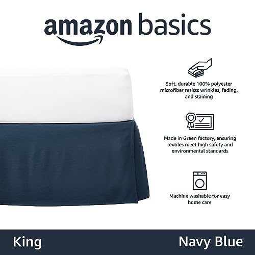 Image of Amazon Basics Lightweight Pleated Bed Skirt, Wrinkle and Fade Resistant, Machine Washable, King, Navy Blue, 16-inch Drop