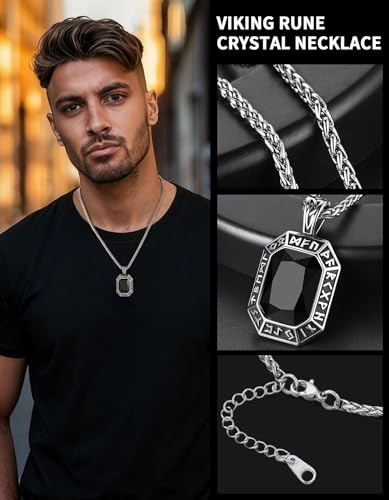 Image of ChainsHouse Viking Rune Pendant Necklace for Men Women, Punk Biker Black Metal /316L Stainless Steel Onyx Norse Vintage Amulet Necklaces with Black /Red /Green /Blue Gemstone, Send Gift Box