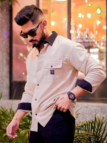 Image of Maniac Mens Solid Collared Neck Full Sleeve Biscuit and Black Cotton Shirt