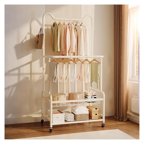 ZzERTE Perchero Burro, Burro De Dos Barras Con Un Estante Con Ruedas, Perchero Con 2 Capa De Almacenamiento, Para Entrada Pasillo(White,150cm/59in)