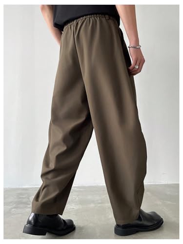 OYOANGLE Men's Pleated Mid-Rise Elastic Tapered Pants Loose Fit Casual Dress Pants with Pockets2